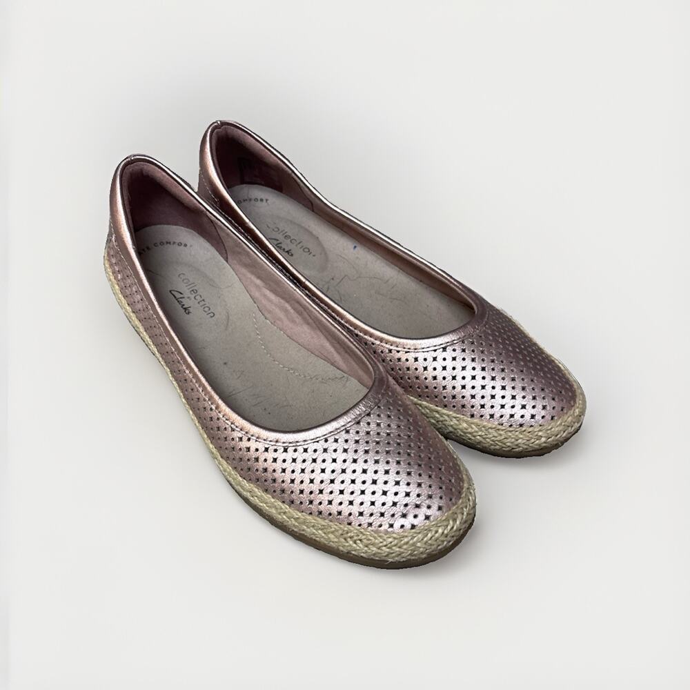 Clarks Women's 6 Rose Gold Metallic Espadrille Flats Perforated Comfort